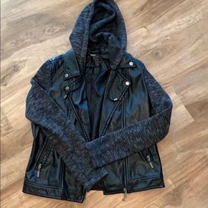 Black leather jacket with soft sleeves and hood